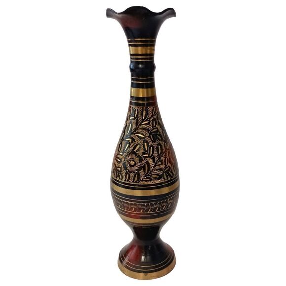Brass Etched Gold Vase Brown Red Fluted Goth Witchy Kapasi Vintage Christmas - Picture 11 of 16
